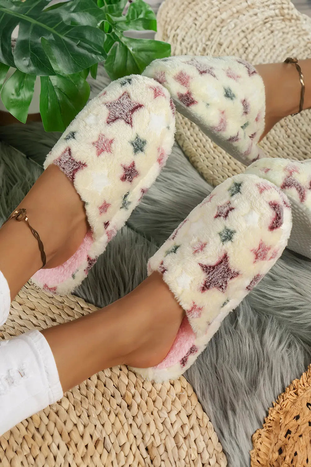 Beige Star Pattern Plush Home Slippers Dear-Lover Dropshipping