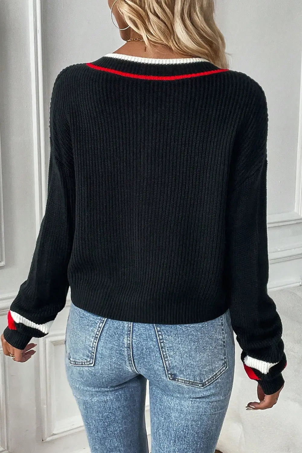 Black Contrast Striped Trim V Neck Drop Shoulder Sweater Dear-Lover Dropshipping