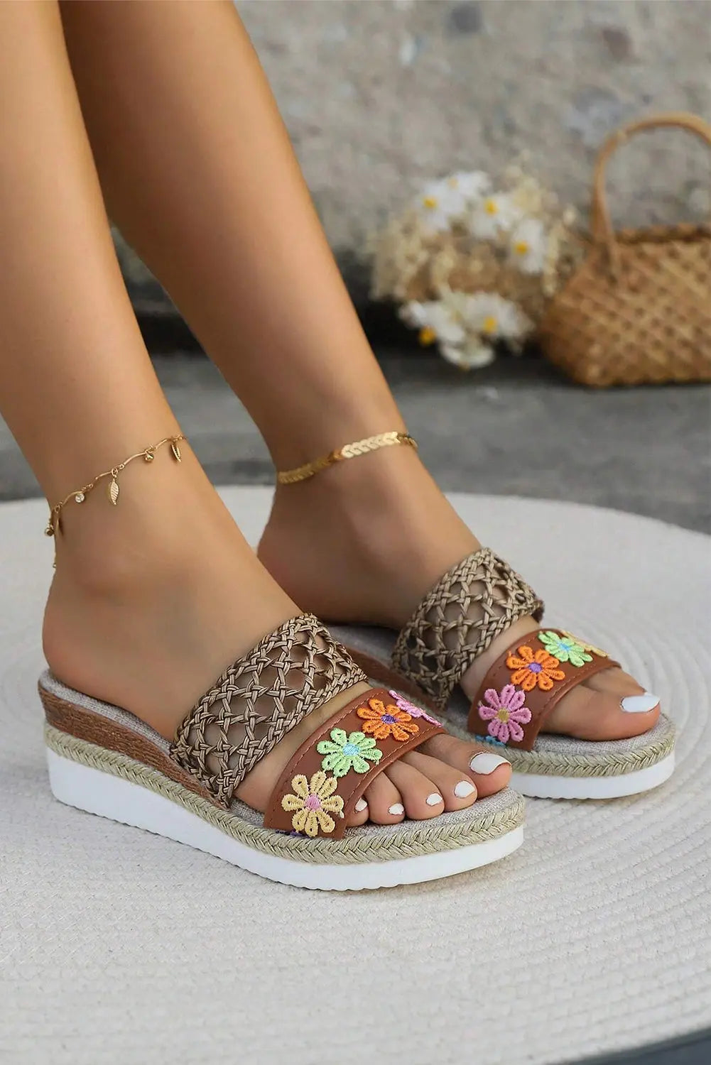 White Floral Print Braided Details Wedge Slippers Dear-Lover Dropshipping