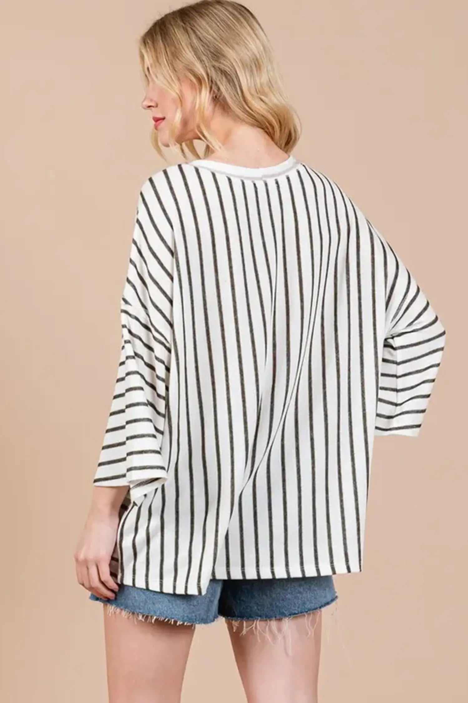 Khaki Stripe Colorblock 3/4 Sleeve Loose T Shirt Markonline