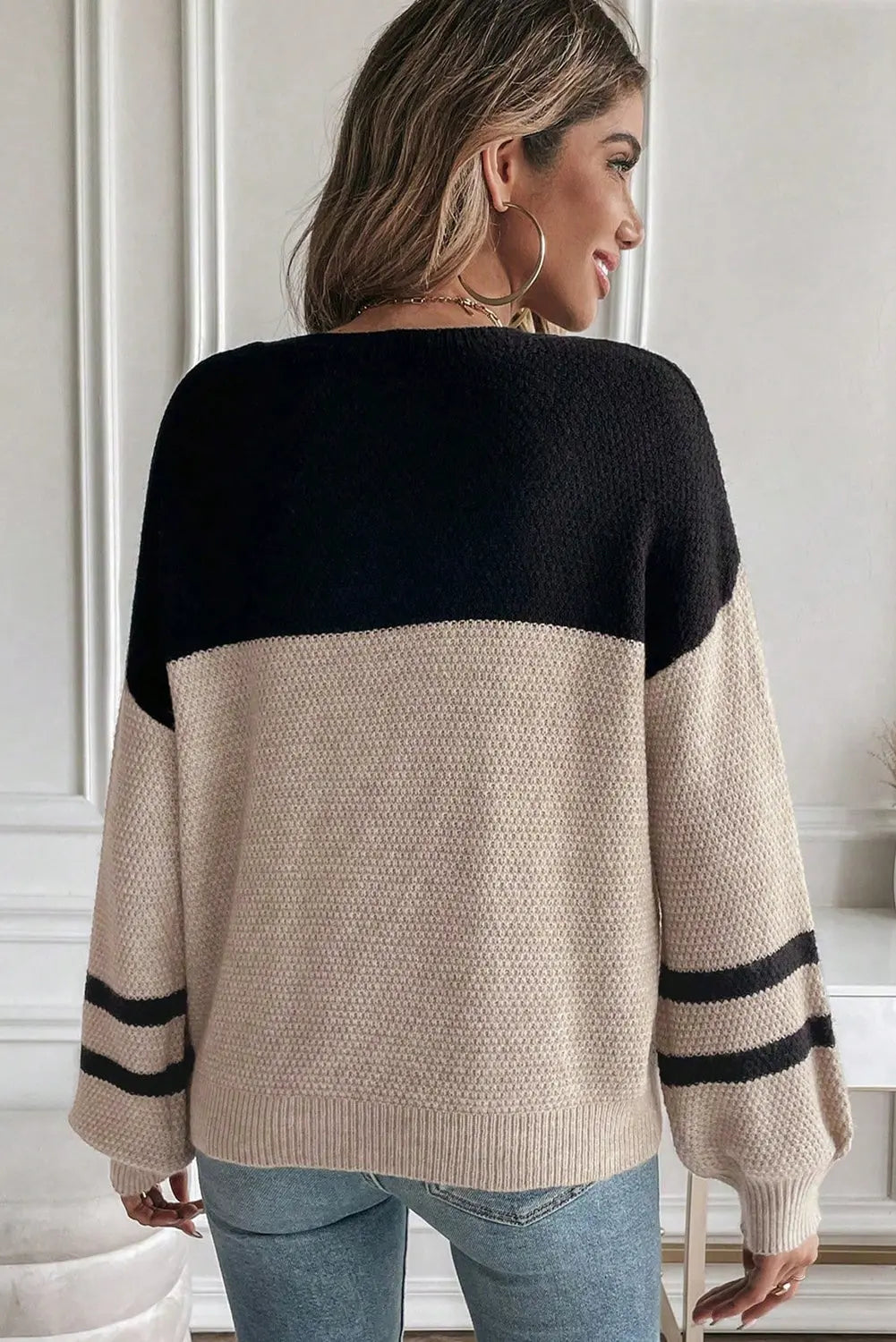 Parchment Color Block Knit Striped Sleeve Detail Casual Sweater Dear-Lover Dropshipping
