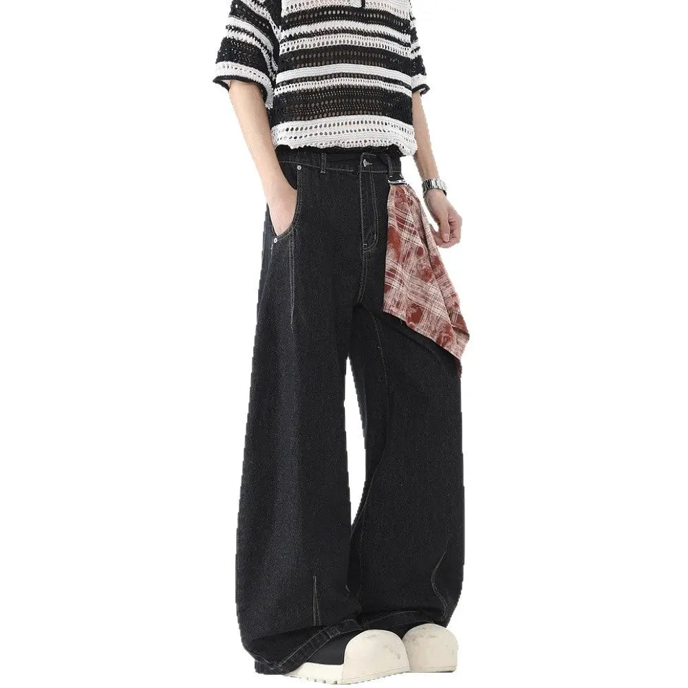 Retro Plaid Bandana Knife-Edge Denim Pants for Men Clean Fit Loose Wide Leg Straight Cut Pants Markonline