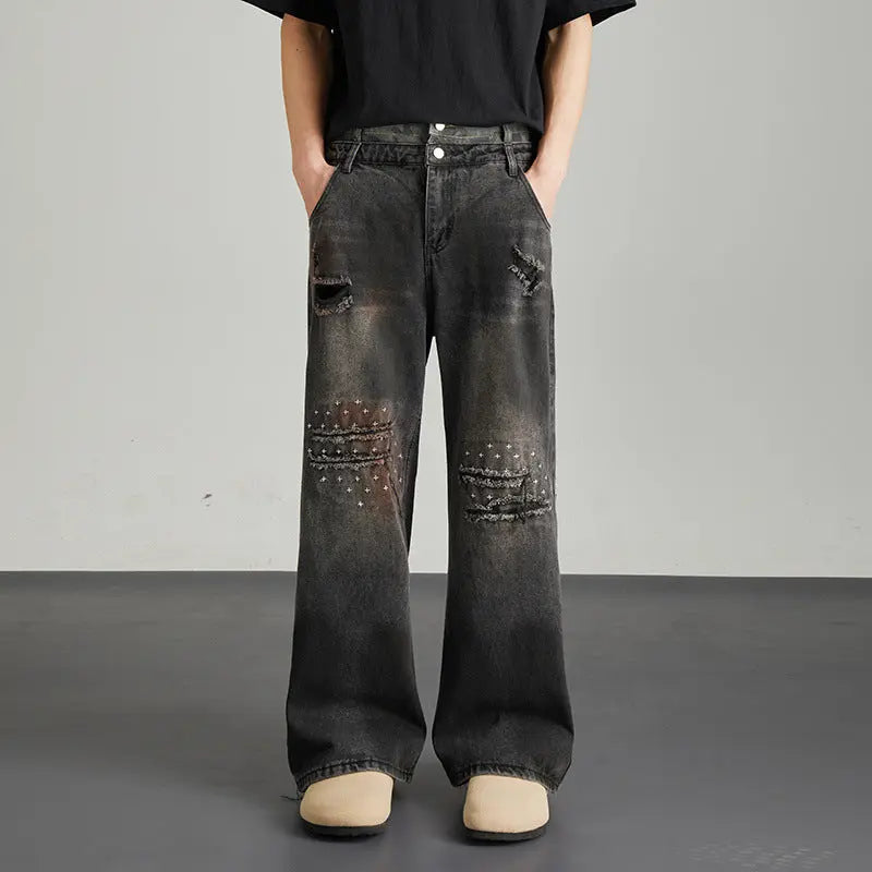 Vintage niche ripped straight leg washed denim jeans for men and women Markonline