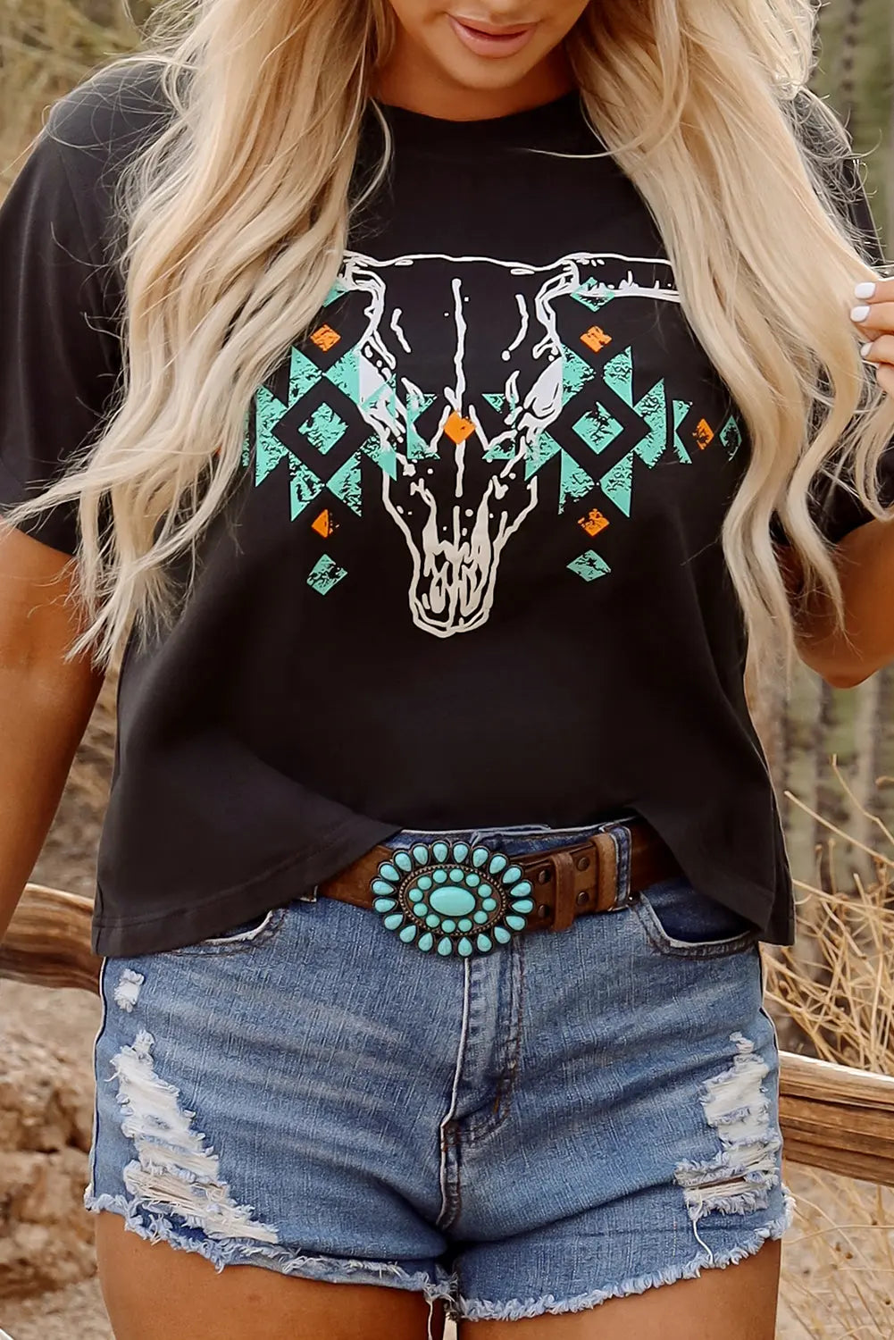 Carbon Grey Vintage Western Bull Head Skull Turquoise Aztec Graphic T Shirt Markonline