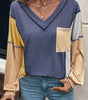 Sail Blue Exposed Stitching Colorblock V Neck Long Sleeve Top Dear-Lover Dropshipping