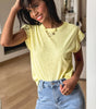 Yellow Cream Lace Patchwork Cap Sleeve Round Neck T Shirt Markonline