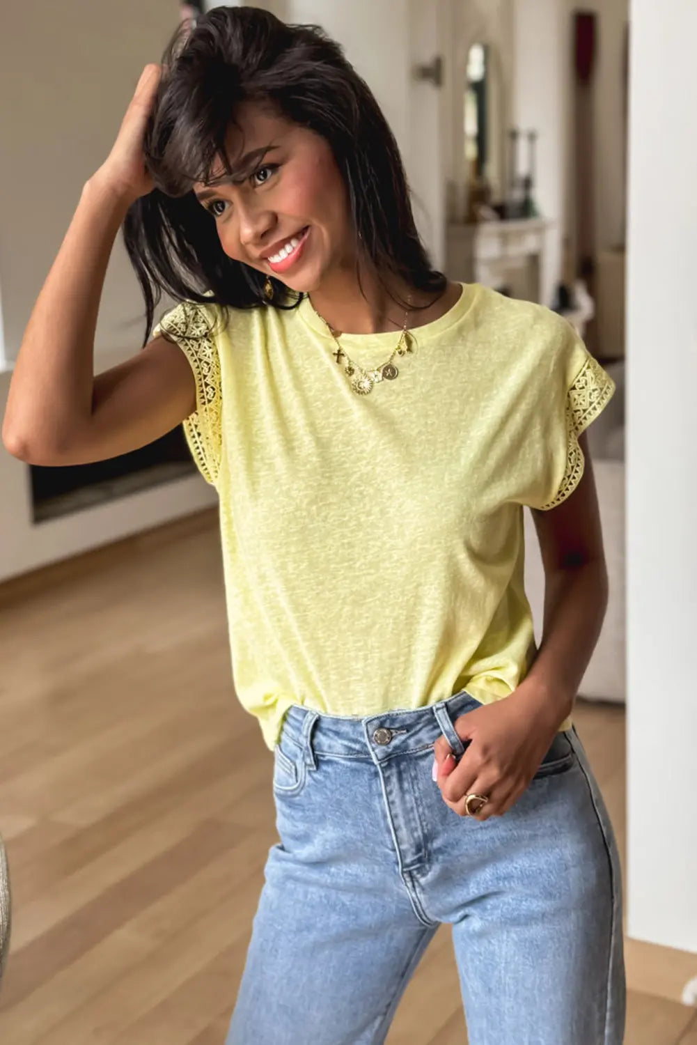 Yellow Cream Lace Patchwork Cap Sleeve Round Neck T Shirt Markonline