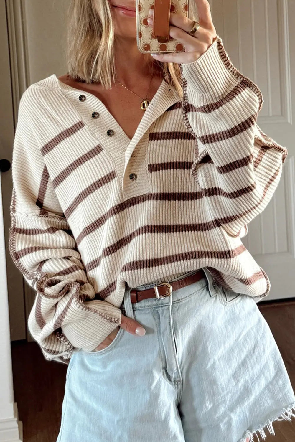 Brown Stripe Ribbed Henley Drop Shoulder Slouchy Sweater Dear-Lover Dropshipping