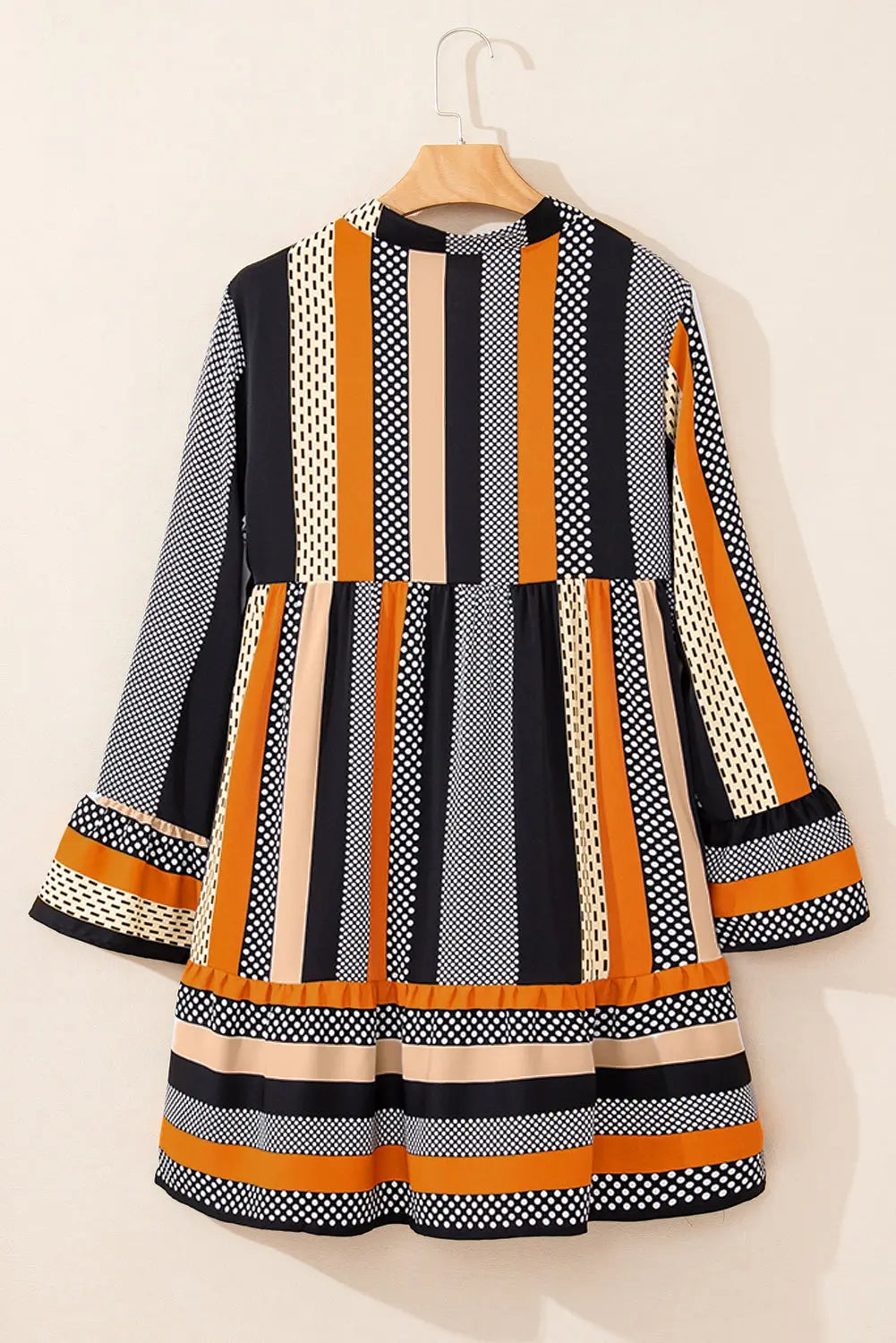 Black Striped Polka Dot Print Ruffled Hem V Neck Mini Dress Markonline