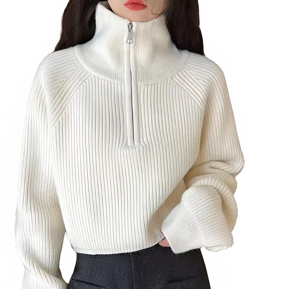 Chunky High Neck Sweater Zip Front Long Sleeve Knitted Pullover Women Cozy Crop Jumper Teen-girl Fall Winter Basic Chic Knitwear