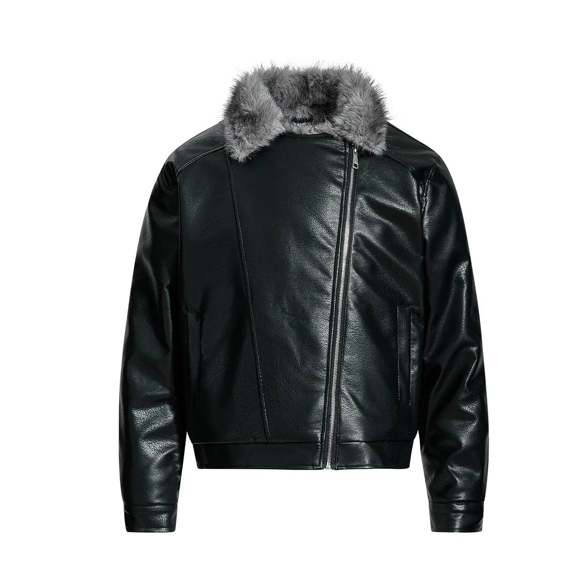 Fur-lined leather jacket motorcycle puffer coat Markonline