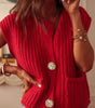 Fiery Red Solid Textured Knit Side Pockets Buttoned Sweater Vest Dear-Lover Dropshipping