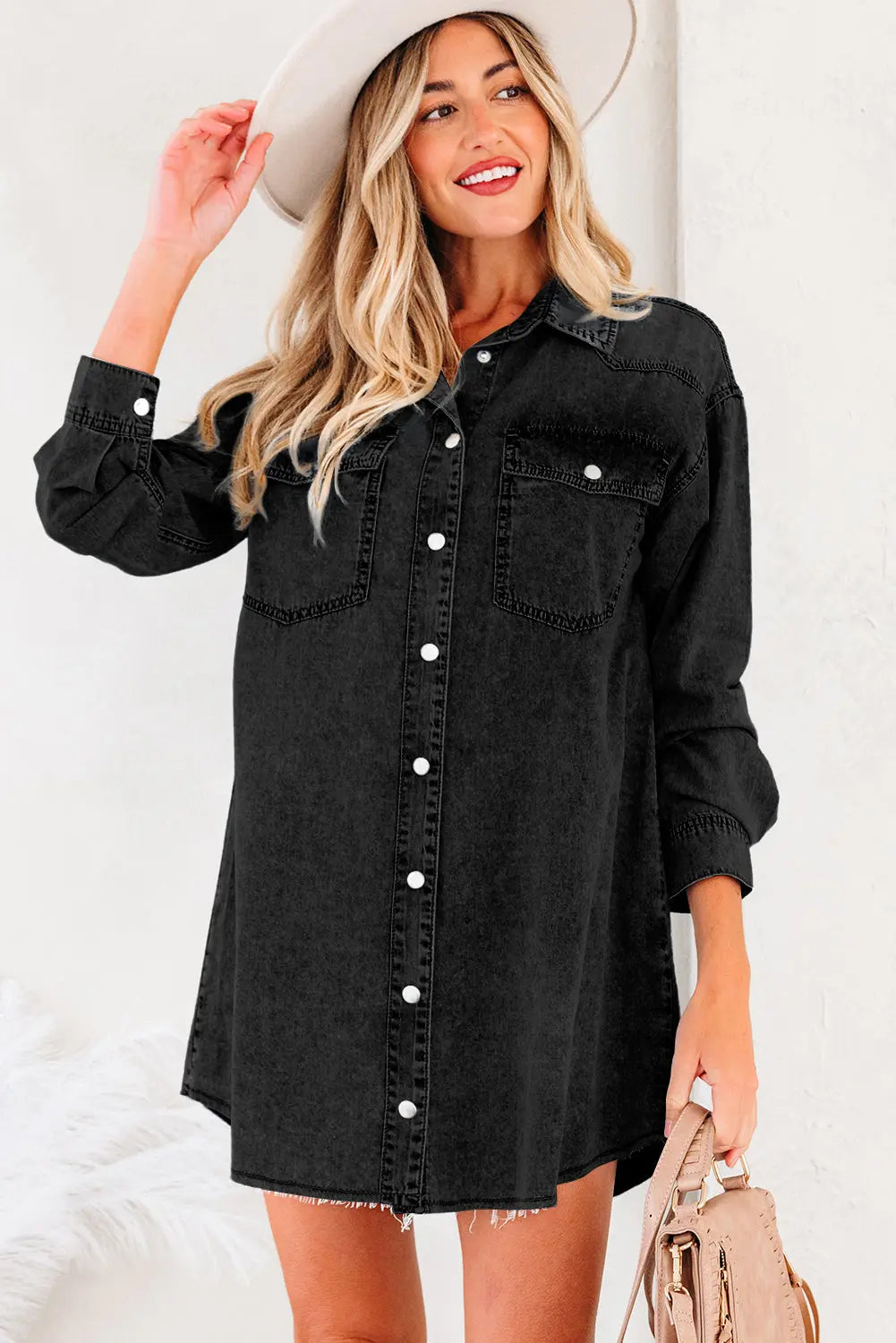 Medium Grey Beau Chest Pocket Raw Hem Denim Loose Shirt Dress Markonline