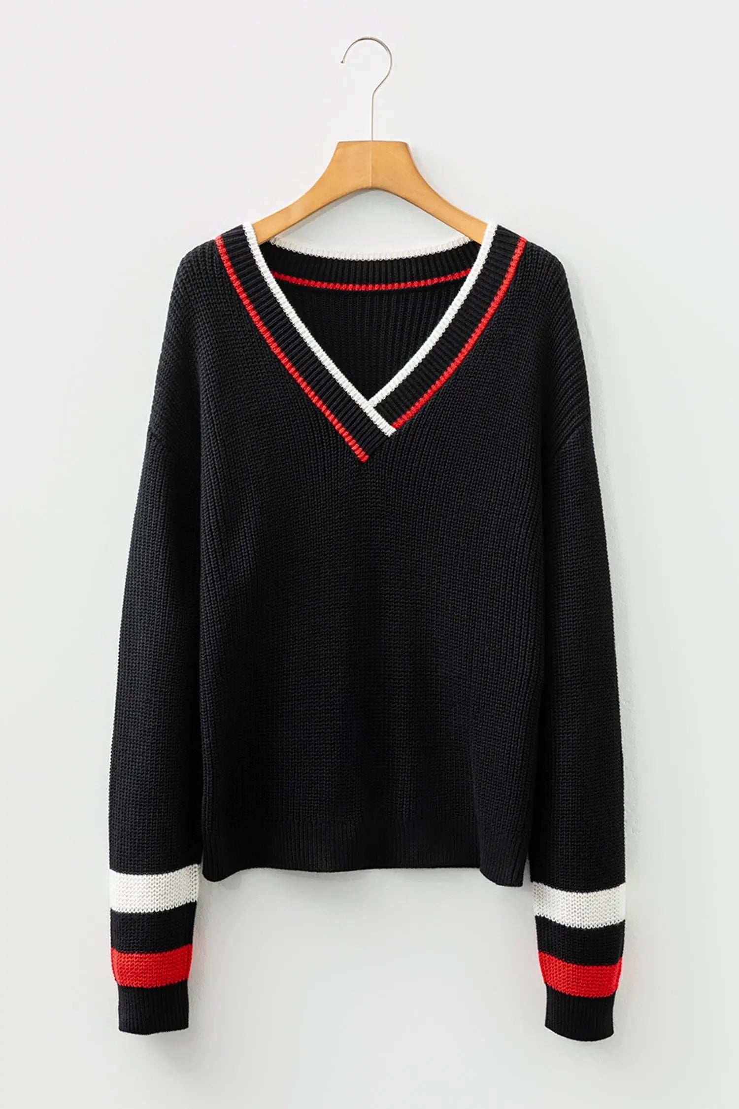 Black Contrast Striped Trim V Neck Drop Shoulder Sweater Dear-Lover Dropshipping
