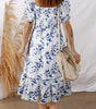 Sky Blue Smocked Bodice Short Puff Sleeve Tiered Floral Midi Dress Markonline