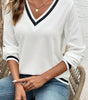 White Textured Knit Preppy Striped Trim V Neck Pullover Waffle Top Dear-Lover Dropshipping