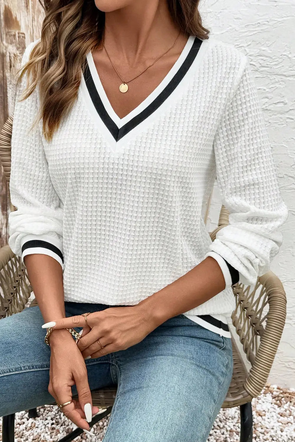 White Textured Knit Preppy Striped Trim V Neck Pullover Waffle Top