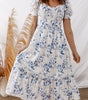 Sky Blue Smocked Bodice Short Puff Sleeve Tiered Floral Midi Dress Markonline