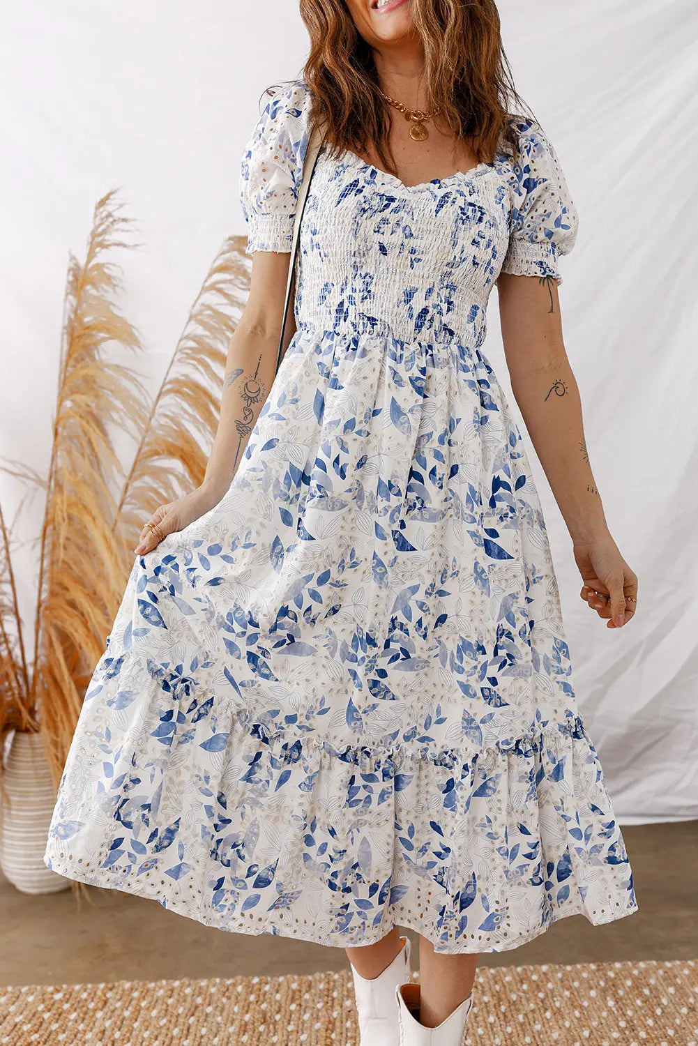 Sky Blue Smocked Bodice Short Puff Sleeve Tiered Floral Midi Dress Markonline