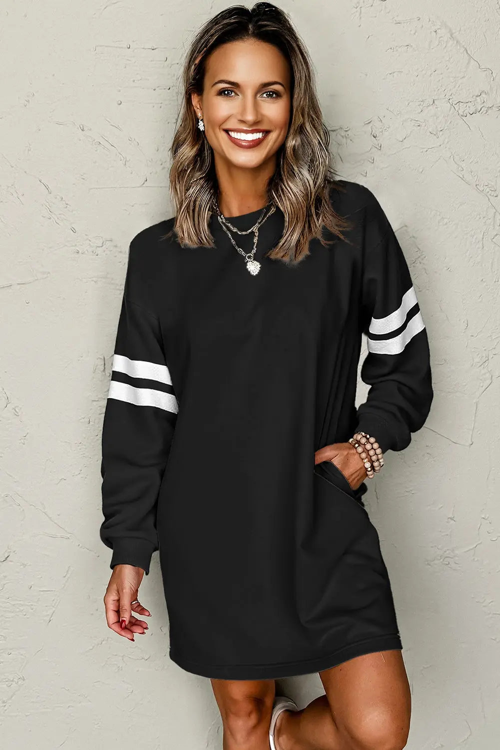 Black Varsity Contrast Banded Sleeve Shift Sweatshirt Dress Markonline