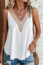 White Lace Crochet Splicing V Neck Loose Fit Tank Top Markonline