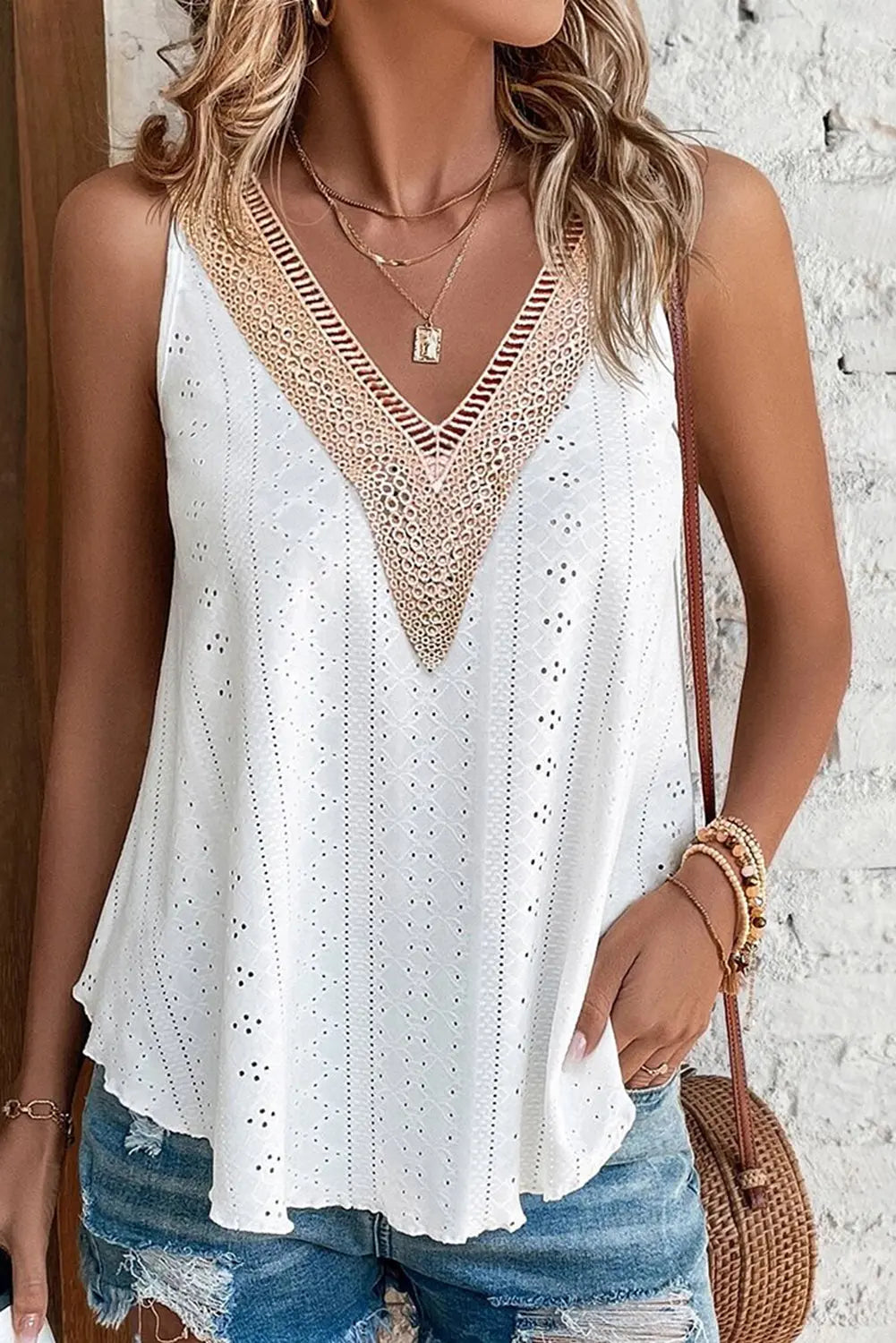 White Lace Crochet Splicing V Neck Loose Fit Tank Top Markonline