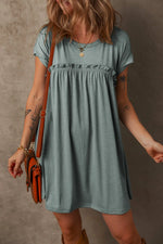 Mist Green Frilled Gathered Seam Round Neck T Shirt Dress Markonline