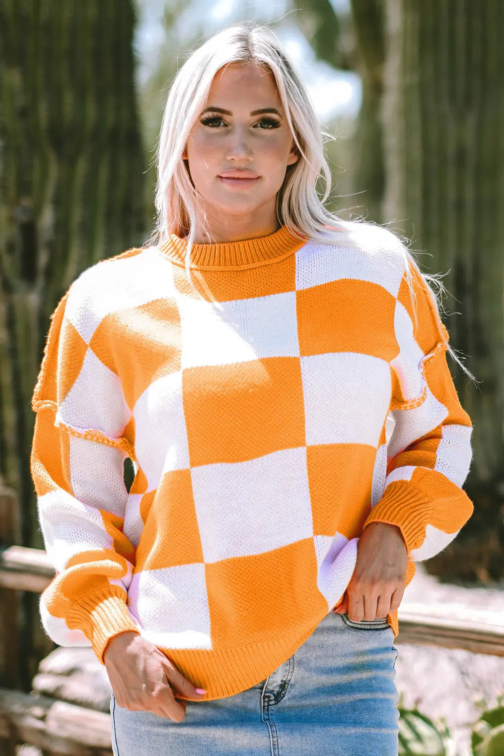 Orange Checkered Bishop Sleeve Sweater Dear-Lover Dropshipping