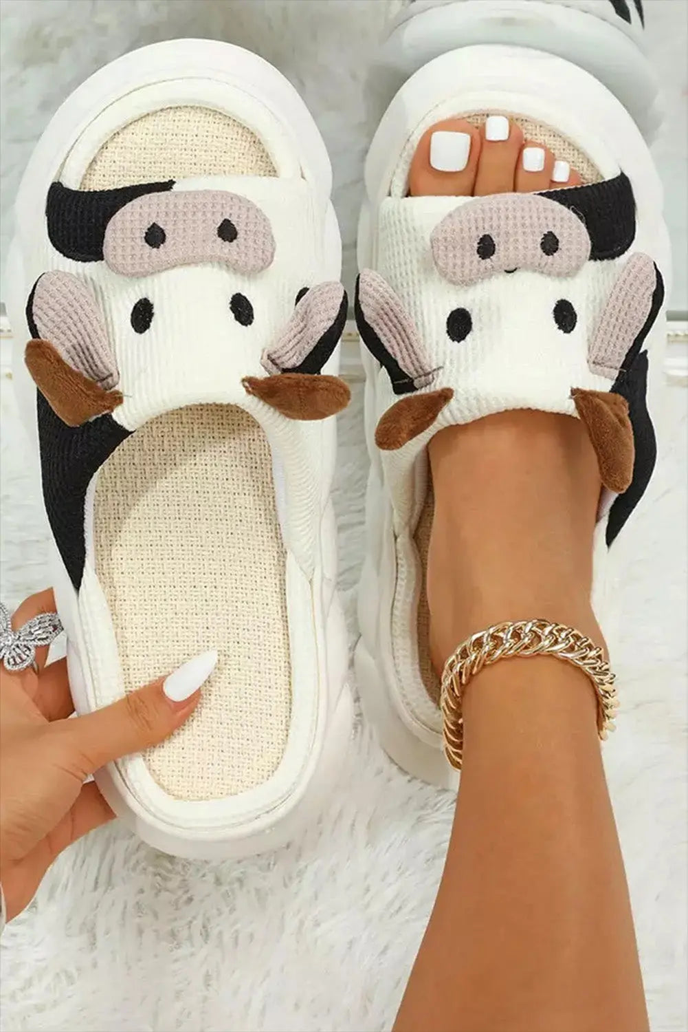 White Cute Cow Pattern Open Toe Slippers Dear-Lover Dropshipping