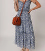 Blue Floral Spaghetti Strap Frilled V Neck Tiered Midi Dress Markonline