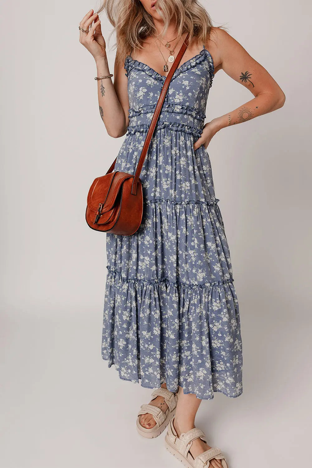 Blue Floral Spaghetti Strap Frilled V Neck Tiered Midi Dress Markonline