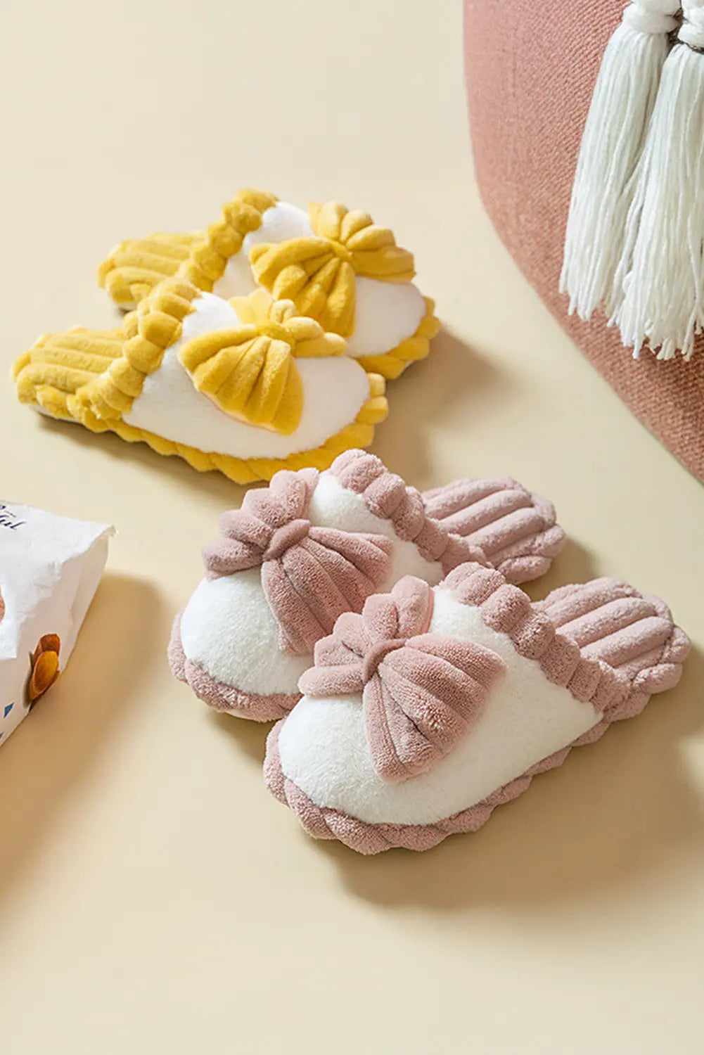 Fushia Bow Decor Color Block Ribbed Plush Slippers Markonline