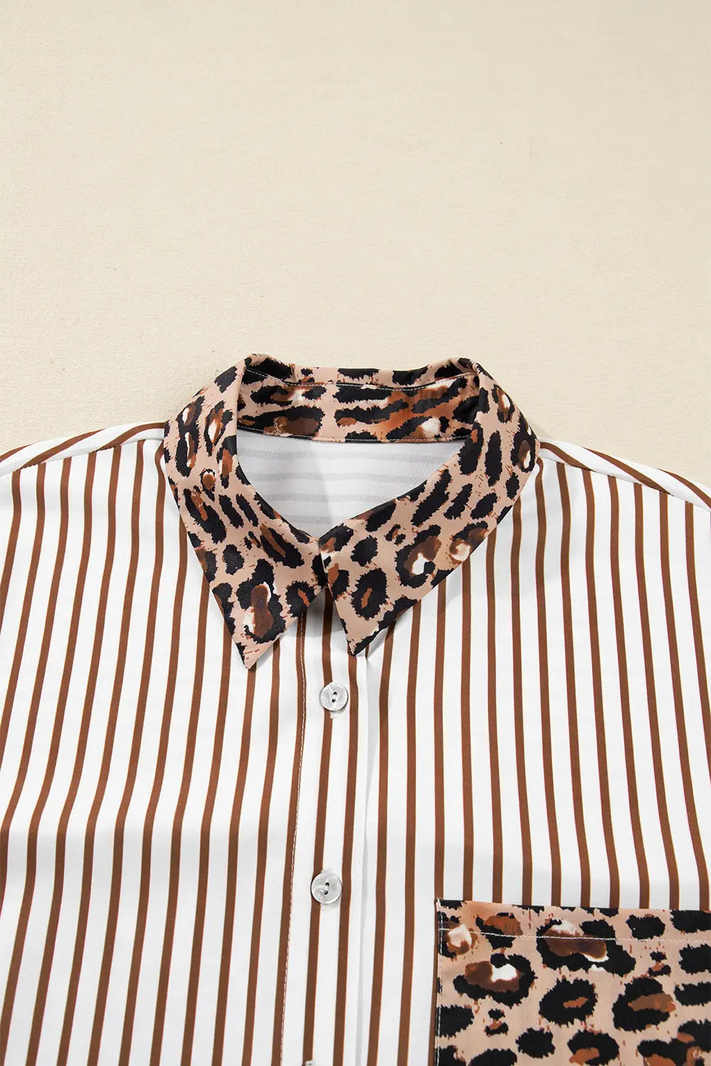 Brown Stripe Contrast Leopard Patchwork Long Shirt Dress with Slits Markonline