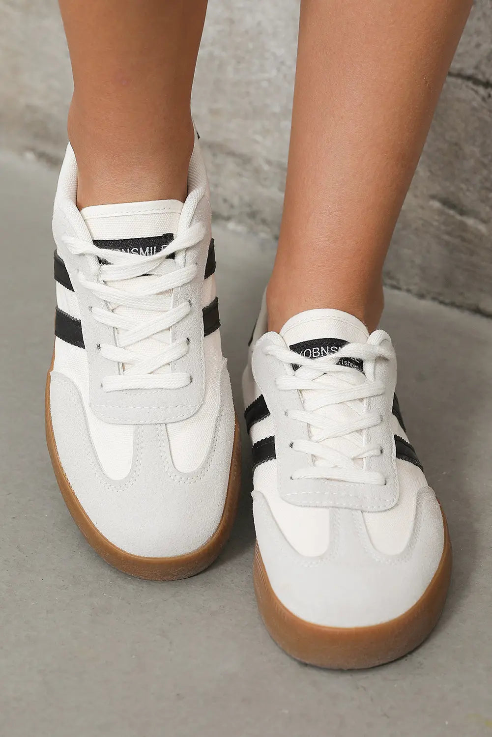 White Striped Lace-up Flat Sneakers Markonline