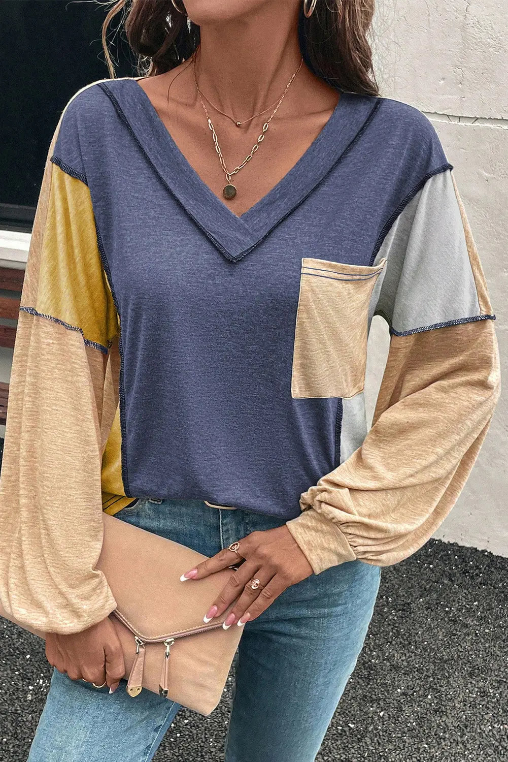 Sail Blue Exposed Stitching Colorblock V Neck Long Sleeve Top Dear-Lover Dropshipping