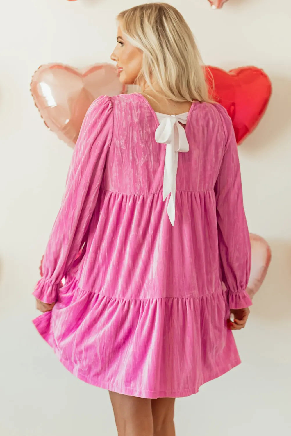 Strawberry Pink Flounce Sleeve Tiered Ruffled Velvet Mini Dress Markonline