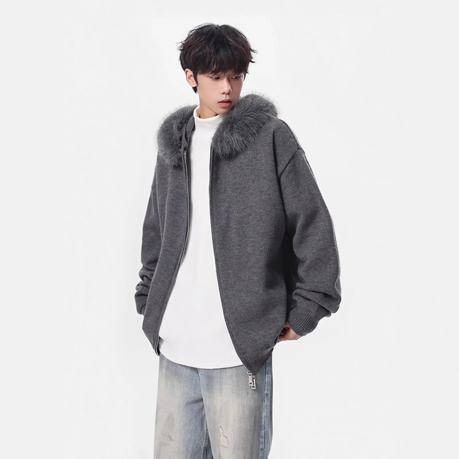 Fashionable Detachable Fur Collar Knit Sweater for Men Winter  Double Zipper Open Front Sweater High Street Versatile Couple Jacket