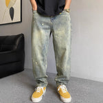 Style Winter Casual Streetwear Washed Vintage Splatter Denim Pants Men Straight Loose Oversize Versatile Tapered Jeans Markonline