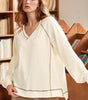 Beige Exposed Seam Textured Knit V Neck Pullover Top Markonline