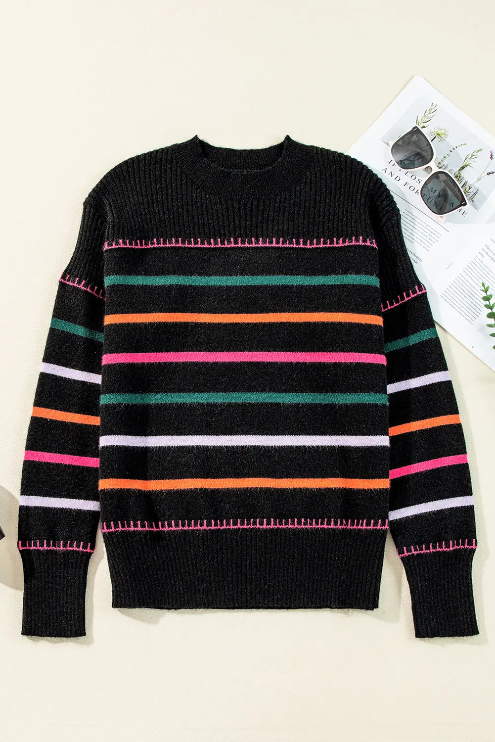 Black Colorful Striped Ribbed Trim Sweater Dear-Lover Dropshipping