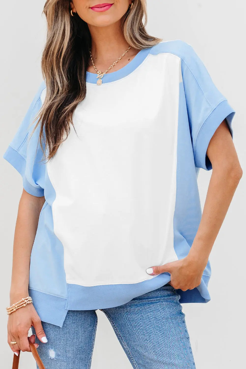 Sky Blue Color Block Exposed Seam Crew Neck T Shirt Markonline