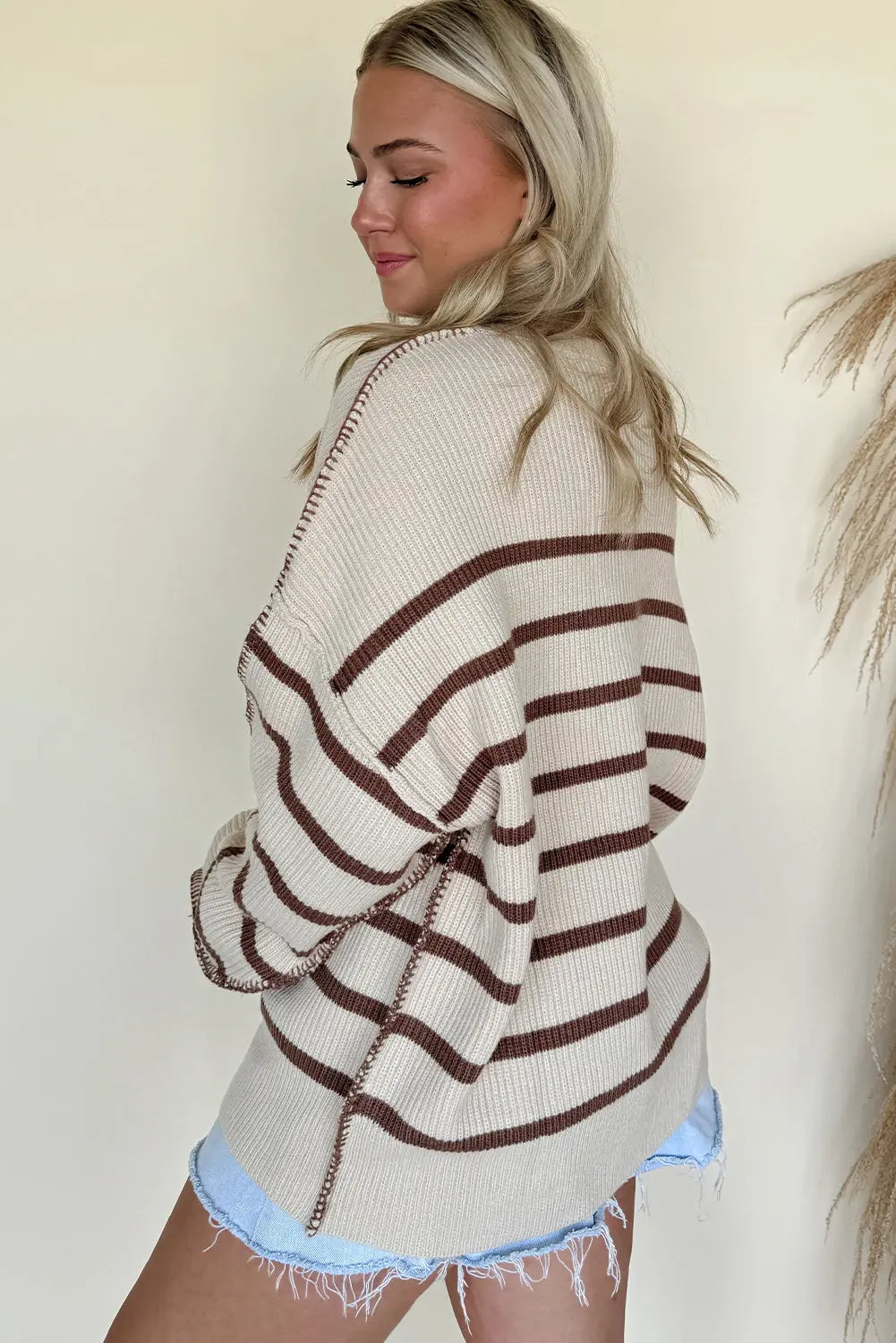 Brown Stripe Ribbed Henley Drop Shoulder Slouchy Sweater Dear-Lover Dropshipping