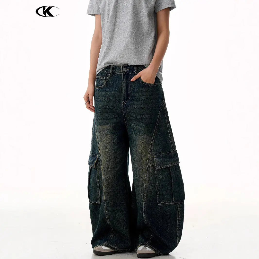 Blue Workwear Tapered Jeans for Men and Women with Multiple Pockets Loose Washed Banana Wide-Leg Long Pants Markonline