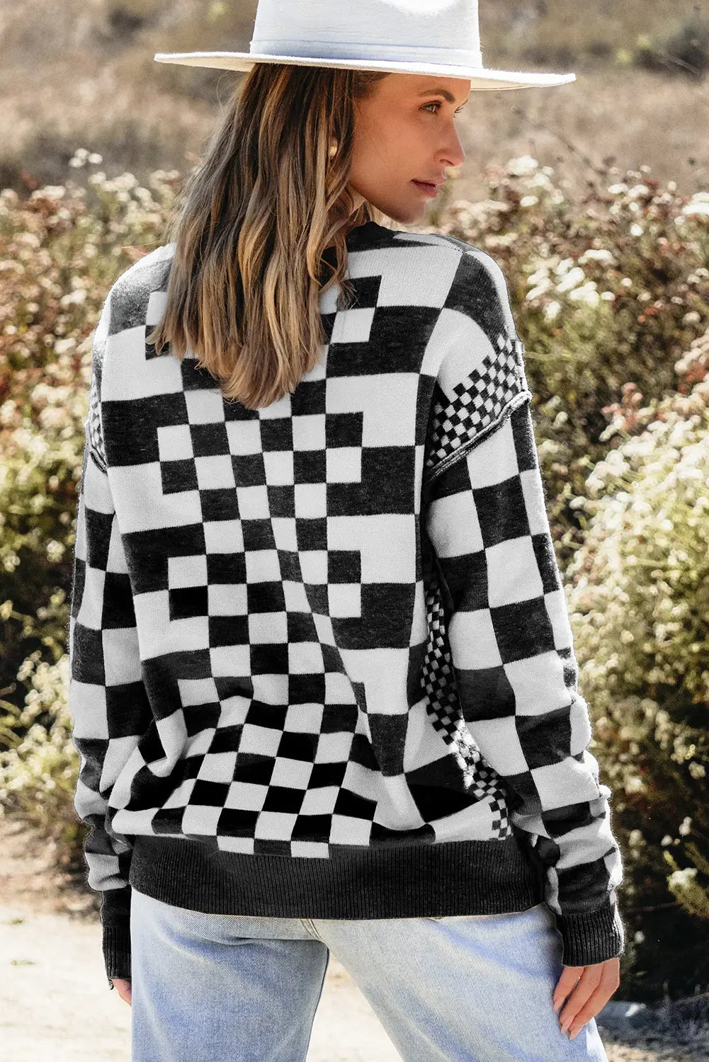 Black Checkered Print Drop Shoulder Round Neck Sweater Dear-Lover Dropshipping