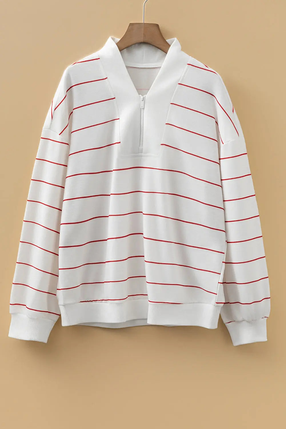 Fiery Red Zip V Neck Casual Stripe Print Drop Shoulder Long Sleeve Top Markonline