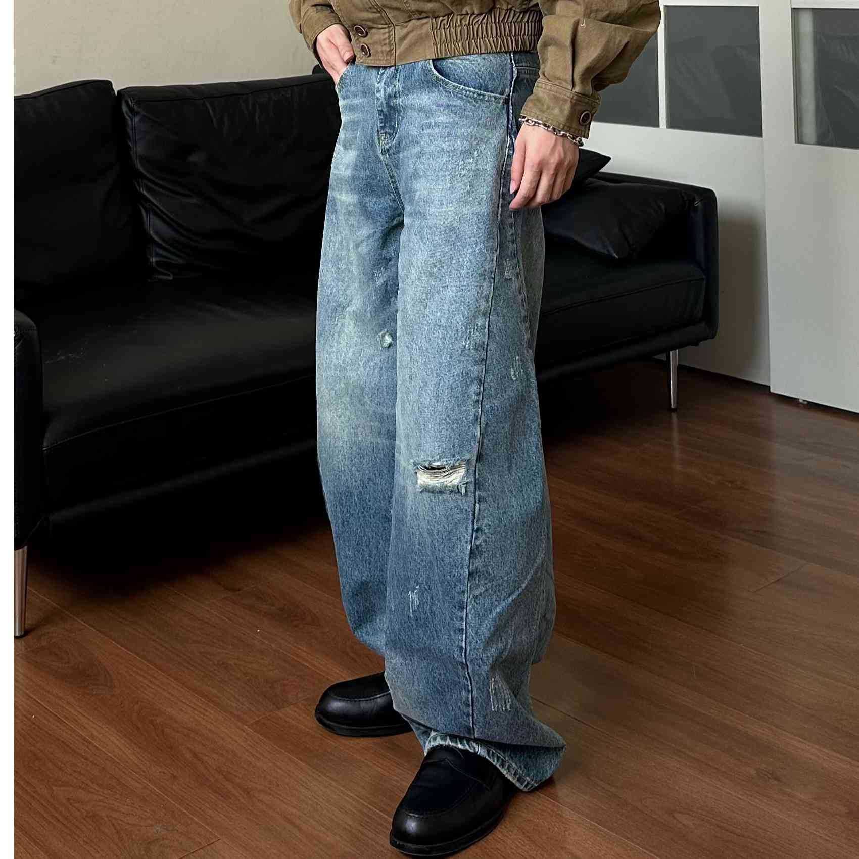 Dad Hole Loose Tapered Wide Leg Jeans for Men and Women Markonline