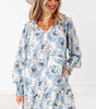 Sky Blue Floral Print Tie Neck Long Sleeve Flowy Mini Dress Markonline