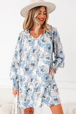 Sky Blue Floral Print Tie Neck Long Sleeve Flowy Mini Dress Markonline
