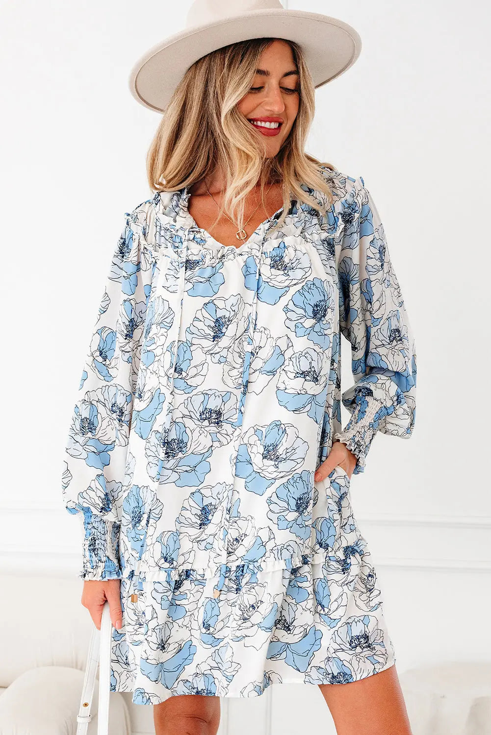 Sky Blue Floral Print Tie Neck Long Sleeve Flowy Mini Dress Markonline