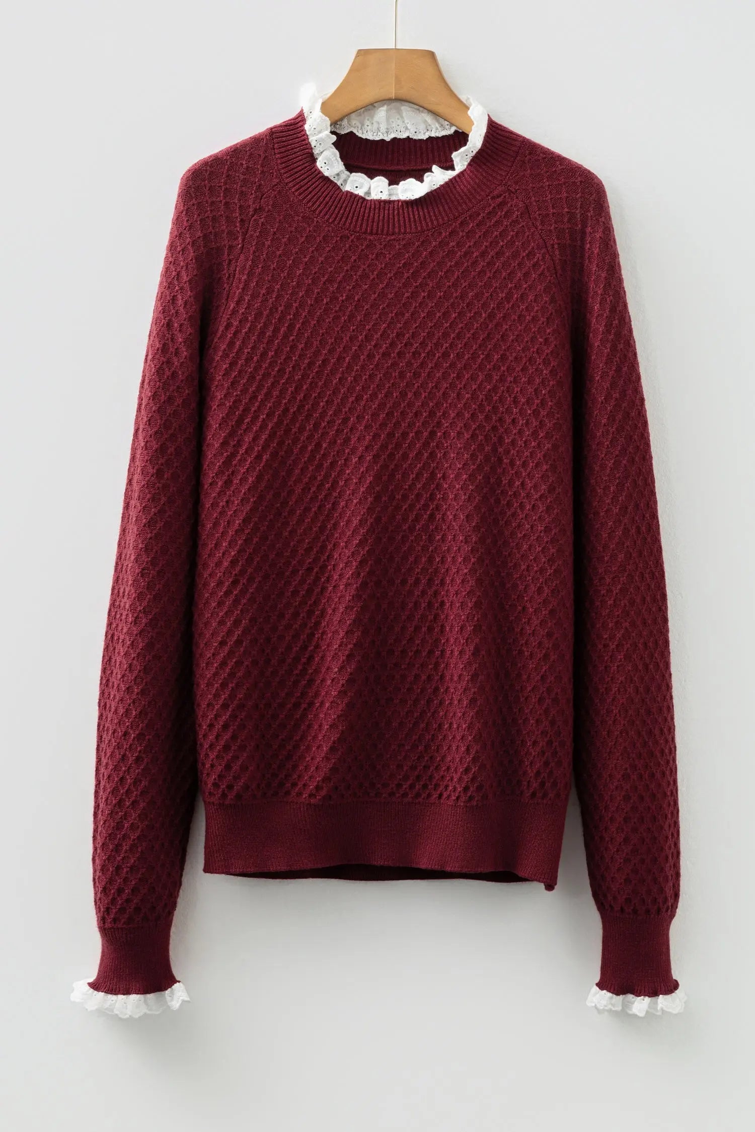 Burgundy Contrast Lace Frilled Trim Raglan Sleeve Sweater Dear-Lover Dropshipping